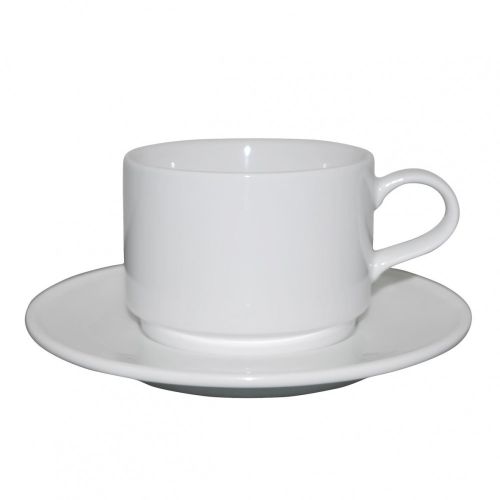 Q Basic Stapelbare Koffie hoog 22 cl. SET. wit met optie tot bedrukken voor zowel kopje als schotel